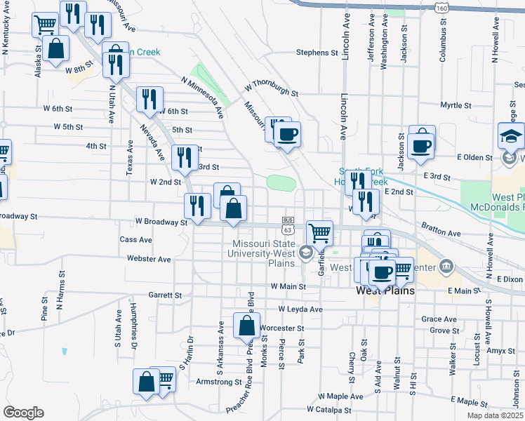 map of restaurants, bars, coffee shops, grocery stores, and more near 700-798 West 1st Street in West Plains