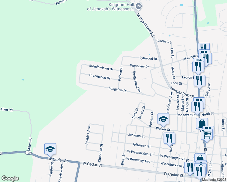 map of restaurants, bars, coffee shops, grocery stores, and more near 501 Longview Drive in Franklin