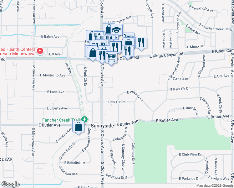map of restaurants, bars, coffee shops, grocery stores, and more near 5643 East Waverly Lane in Fresno