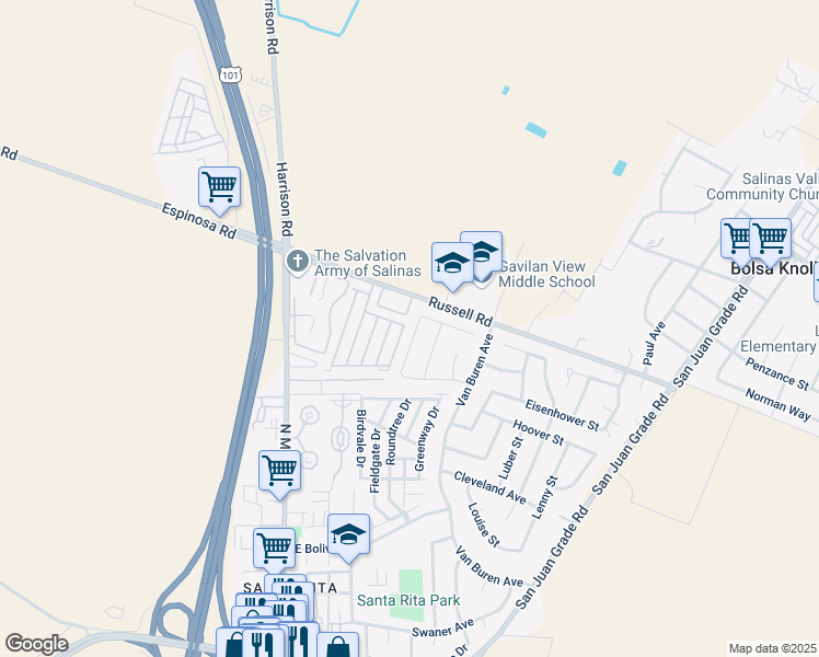 map of restaurants, bars, coffee shops, grocery stores, and more near 18487 Kennedy Street in Salinas