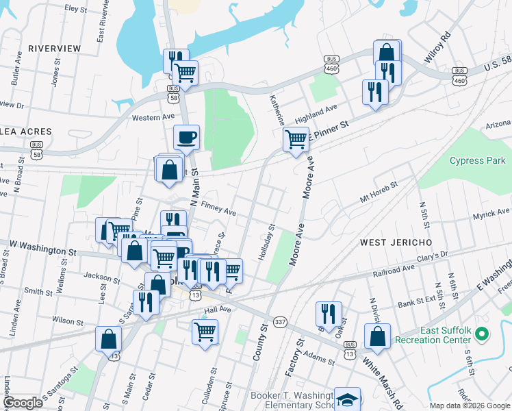 map of restaurants, bars, coffee shops, grocery stores, and more near 250 Pinner Street in Suffolk