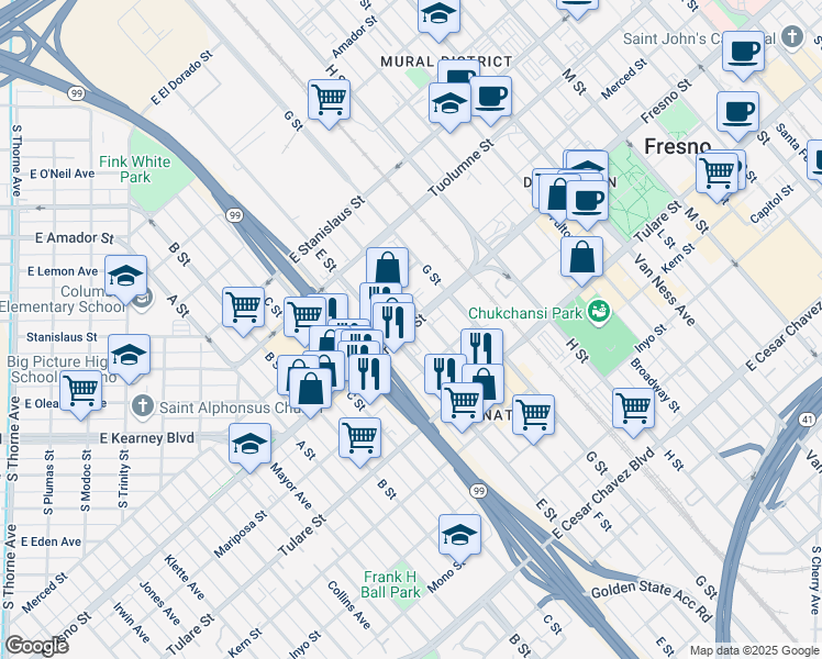 map of restaurants, bars, coffee shops, grocery stores, and more near 1452 Fresno St in Fresno