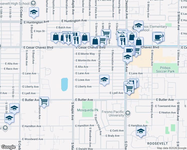 map of restaurants, bars, coffee shops, grocery stores, and more near 4676 East Lane Avenue in Fresno