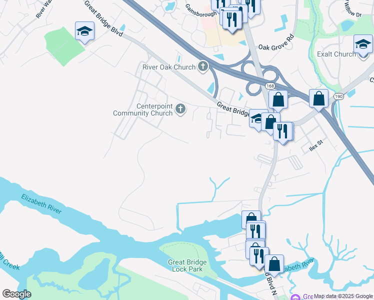 map of restaurants, bars, coffee shops, grocery stores, and more near 211 Habitat Crossing in Chesapeake