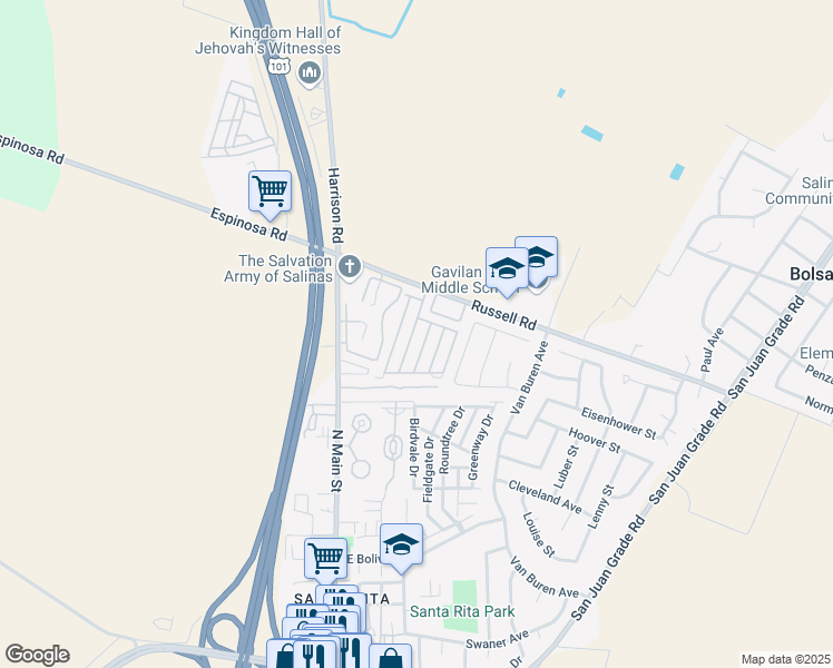 map of restaurants, bars, coffee shops, grocery stores, and more near Bahia Avenue in Salinas