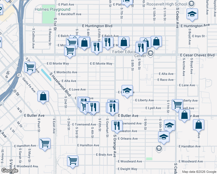 map of restaurants, bars, coffee shops, grocery stores, and more near 3565 East Lowe Avenue in Fresno