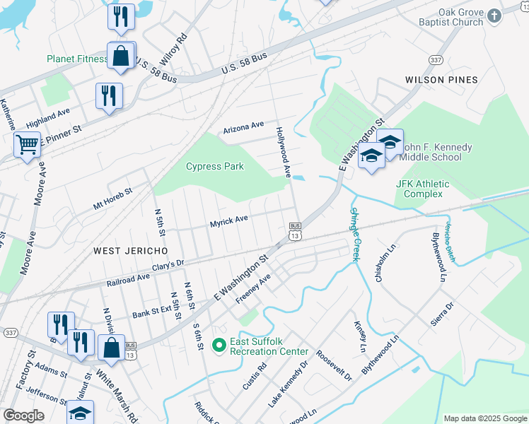 map of restaurants, bars, coffee shops, grocery stores, and more near 405 Bullock Street in Suffolk