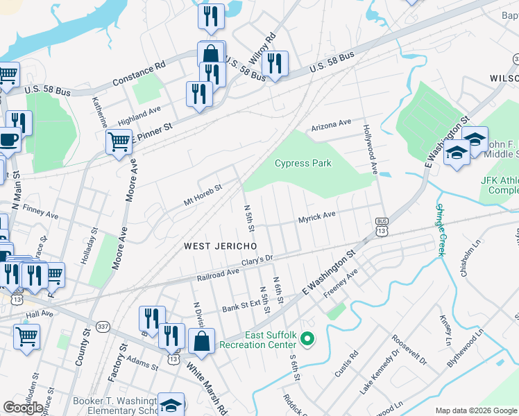 map of restaurants, bars, coffee shops, grocery stores, and more near 415 Briggs Street in Suffolk