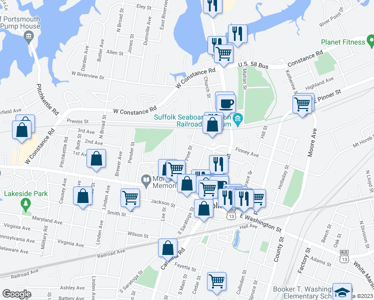 map of restaurants, bars, coffee shops, grocery stores, and more near 247 Pine Street in Suffolk