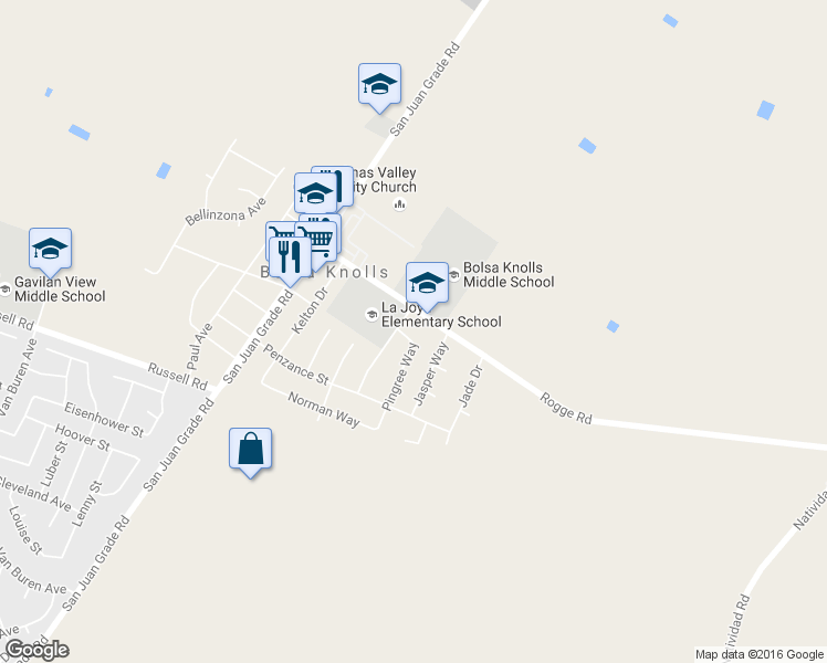 map of restaurants, bars, coffee shops, grocery stores, and more near 326 Pingree Way in Salinas