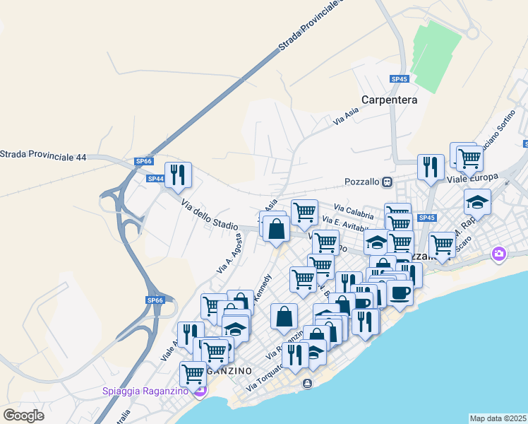 map of restaurants, bars, coffee shops, grocery stores, and more near 5 Via delle Ginestre in Pozzallo