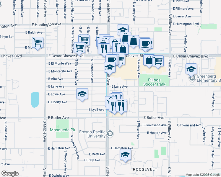 map of restaurants, bars, coffee shops, grocery stores, and more near 4860 East Lane Avenue in Fresno
