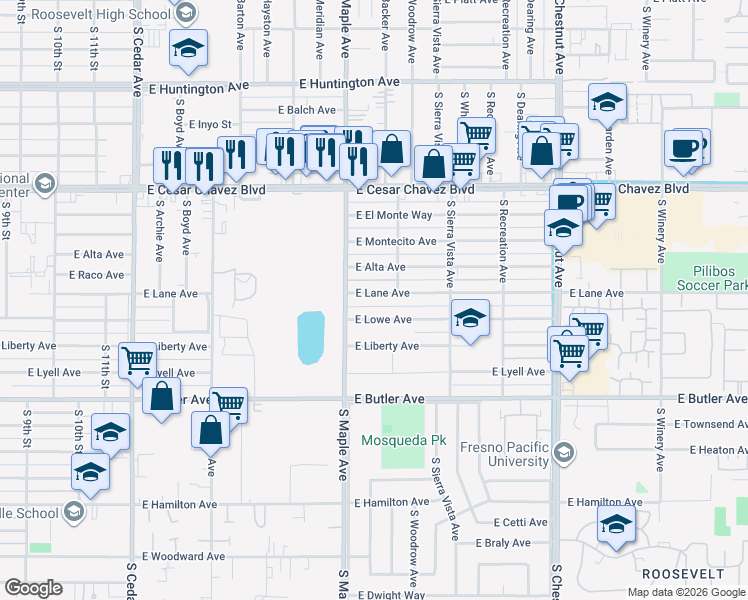map of restaurants, bars, coffee shops, grocery stores, and more near 4612 East Lane Avenue in Fresno