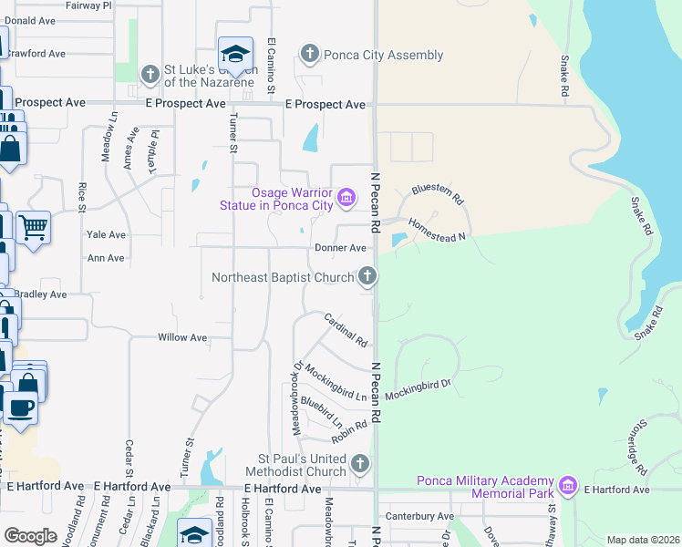 map of restaurants, bars, coffee shops, grocery stores, and more near 2409 Wood Thrush Road in Ponca City