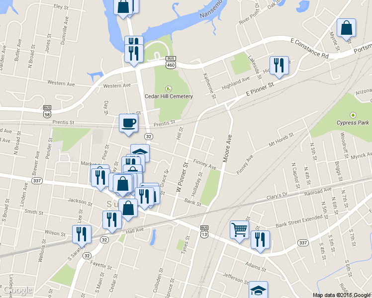 map of restaurants, bars, coffee shops, grocery stores, and more near 211 Central Avenue in Suffolk