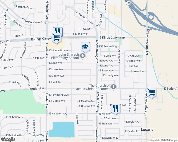 map of restaurants, bars, coffee shops, grocery stores, and more near 6405 East Lowe Avenue in Fresno