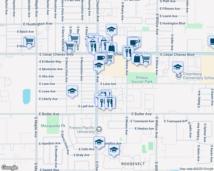 map of restaurants, bars, coffee shops, grocery stores, and more near 4860 East Lane Avenue in Fresno