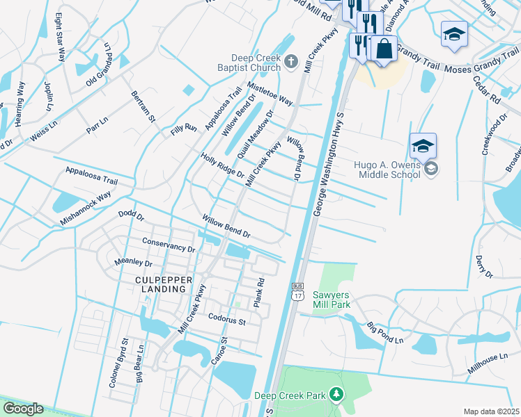 map of restaurants, bars, coffee shops, grocery stores, and more near 3113 Misty Hollow Court in Chesapeake