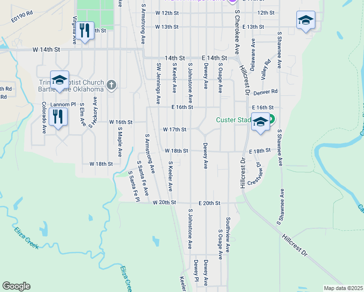 map of restaurants, bars, coffee shops, grocery stores, and more near 1732 South Keeler Avenue in Bartlesville