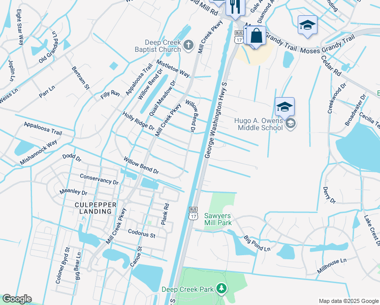 map of restaurants, bars, coffee shops, grocery stores, and more near 504 Willow Bend Drive in Chesapeake