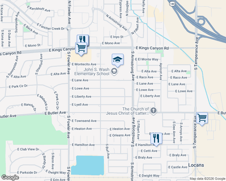 map of restaurants, bars, coffee shops, grocery stores, and more near 6331 East Lowe Avenue in Fresno