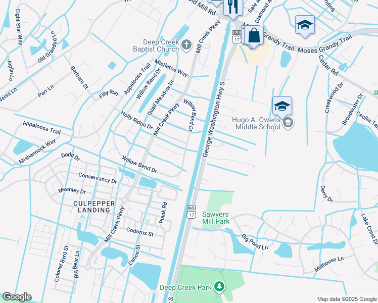 map of restaurants, bars, coffee shops, grocery stores, and more near 504 Willow Bend Drive in Chesapeake