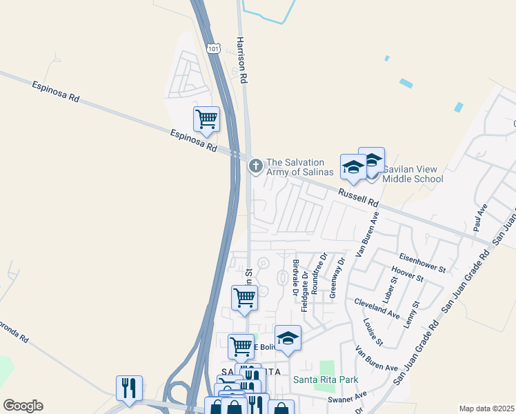 map of restaurants, bars, coffee shops, grocery stores, and more near 2398 North Main Street in Salinas
