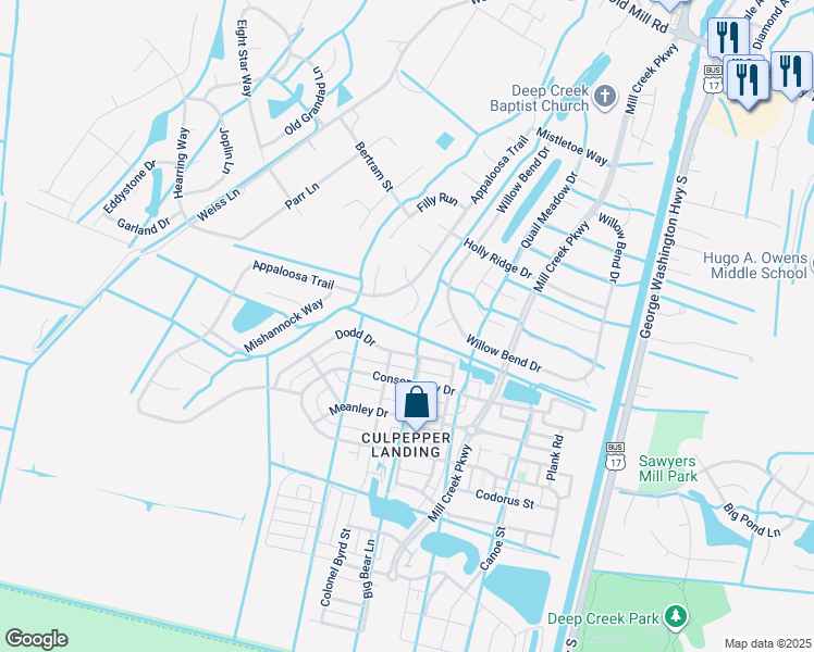 map of restaurants, bars, coffee shops, grocery stores, and more near 3300 Firebird Court in Chesapeake