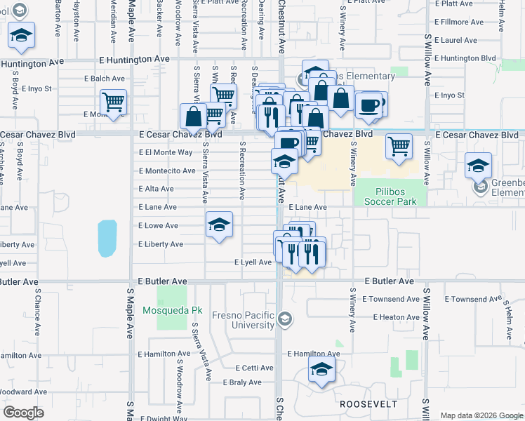 map of restaurants, bars, coffee shops, grocery stores, and more near 4776 East Lane Avenue in Fresno