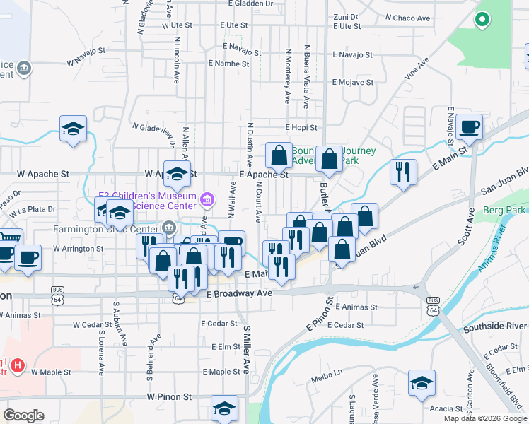 map of restaurants, bars, coffee shops, grocery stores, and more near 308 East La Plata Street in Farmington