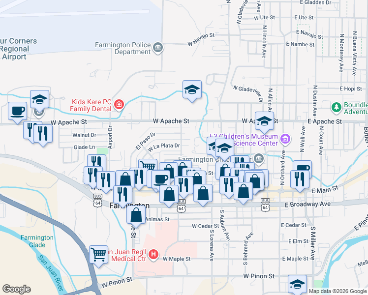 map of restaurants, bars, coffee shops, grocery stores, and more near 703 La Plata Drive in Farmington