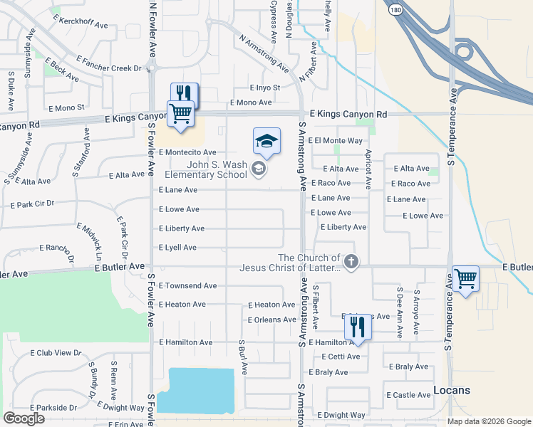 map of restaurants, bars, coffee shops, grocery stores, and more near 6405 East Lowe Avenue in Fresno