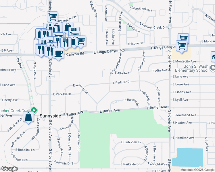 map of restaurants, bars, coffee shops, grocery stores, and more near 5806 East Park Circle Drive in Fresno