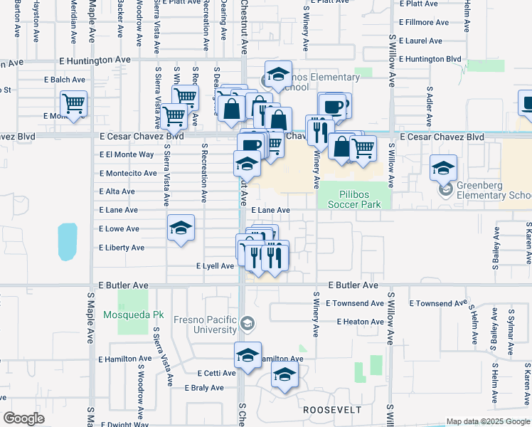 map of restaurants, bars, coffee shops, grocery stores, and more near 4860 East Lane Avenue in Fresno
