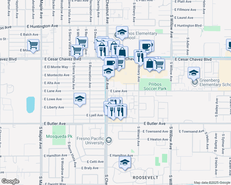 map of restaurants, bars, coffee shops, grocery stores, and more near 4860 East Lane Avenue in Fresno