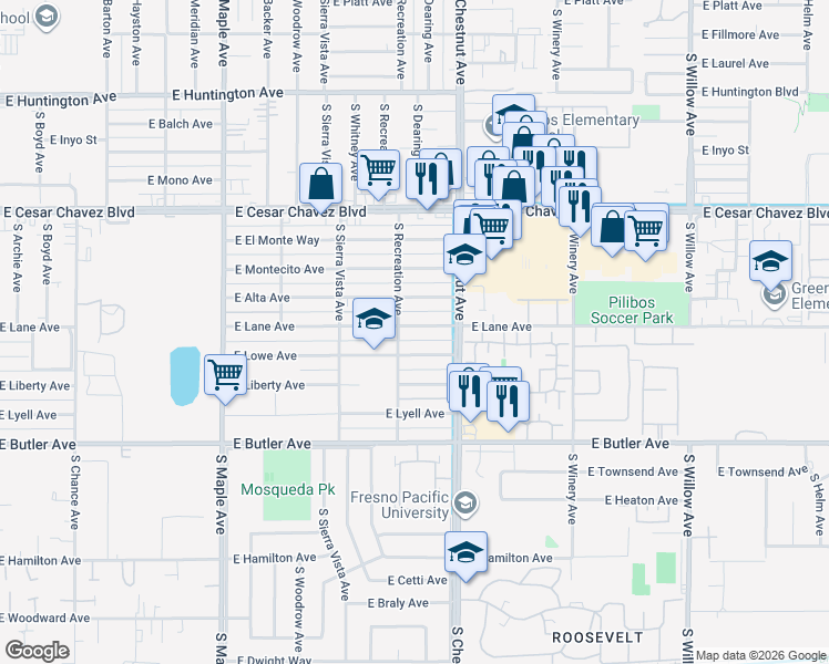 map of restaurants, bars, coffee shops, grocery stores, and more near 4776 East Lane Avenue in Fresno