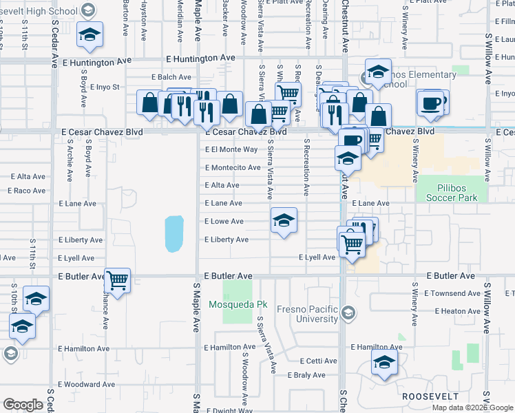map of restaurants, bars, coffee shops, grocery stores, and more near 4676 East Lane Avenue in Fresno