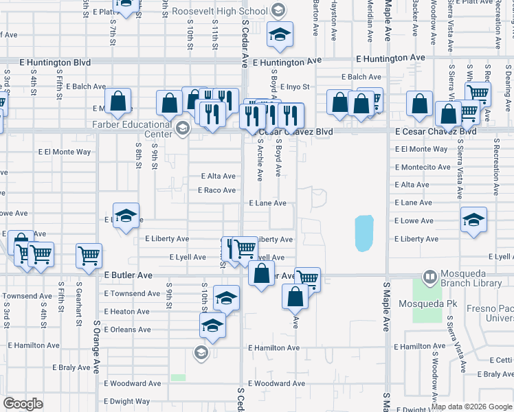 map of restaurants, bars, coffee shops, grocery stores, and more near 4226 East Lane Avenue in Fresno