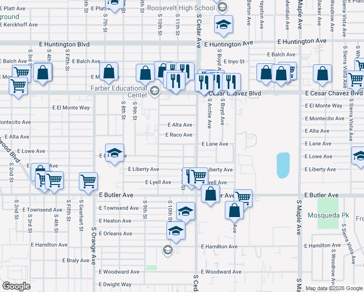 map of restaurants, bars, coffee shops, grocery stores, and more near 1125 South 11th Street in Fresno