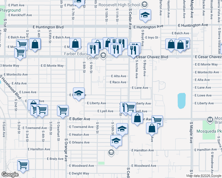 map of restaurants, bars, coffee shops, grocery stores, and more near 4046 East Lane Avenue in Fresno