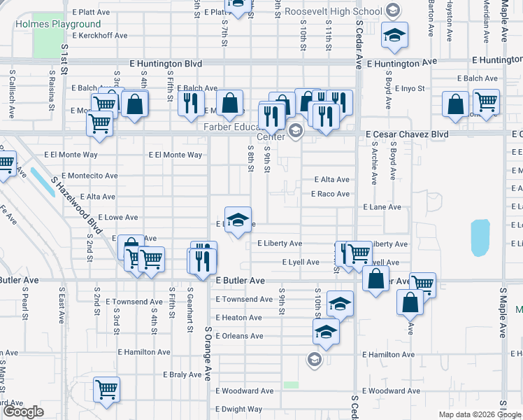 map of restaurants, bars, coffee shops, grocery stores, and more near 1035 South 9th Street in Fresno