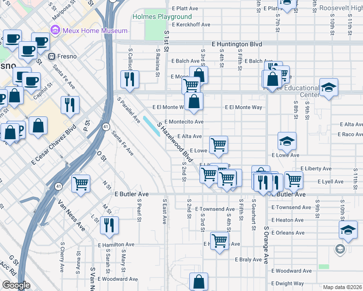 map of restaurants, bars, coffee shops, grocery stores, and more near 3211 East Lowe Avenue in Fresno