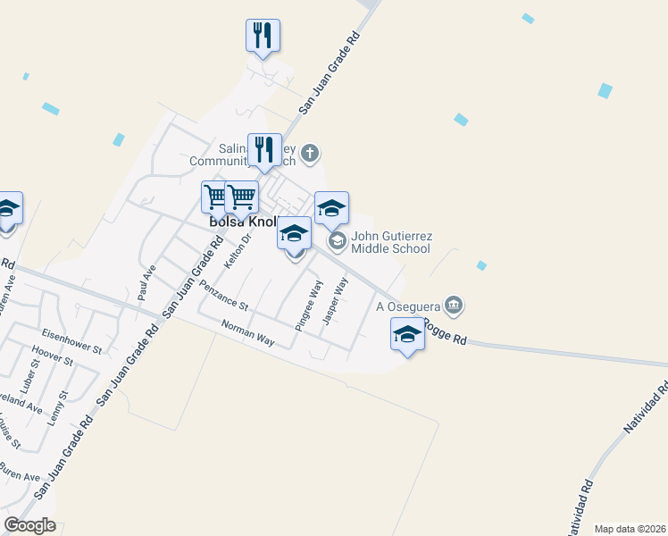 map of restaurants, bars, coffee shops, grocery stores, and more near 326 Pingree Way in Salinas