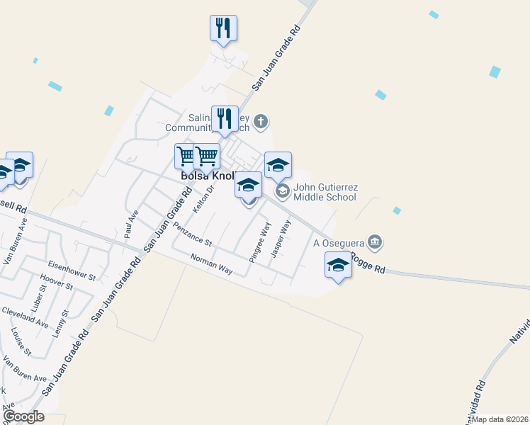 map of restaurants, bars, coffee shops, grocery stores, and more near 326 Pingree Way in Salinas