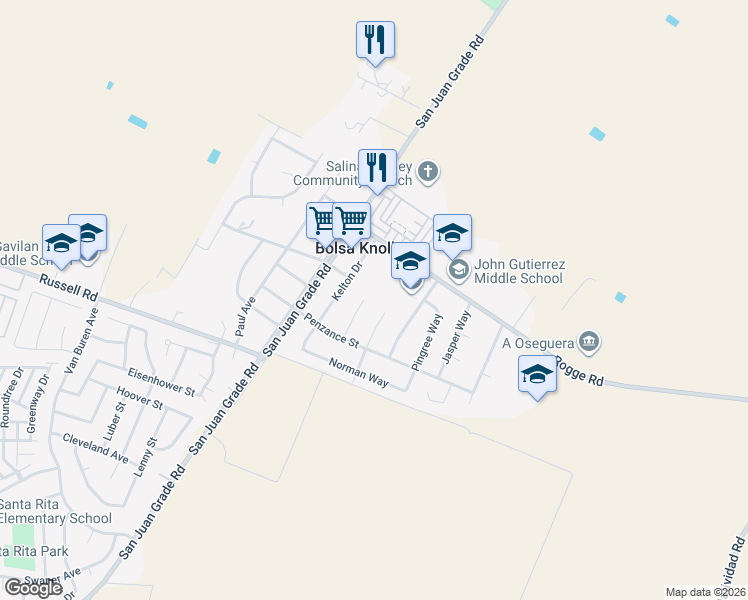 map of restaurants, bars, coffee shops, grocery stores, and more near 310 Medbury Drive in Salinas