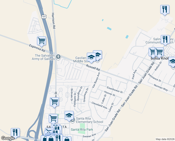 map of restaurants, bars, coffee shops, grocery stores, and more near 12901 Buchanan Way in Salinas