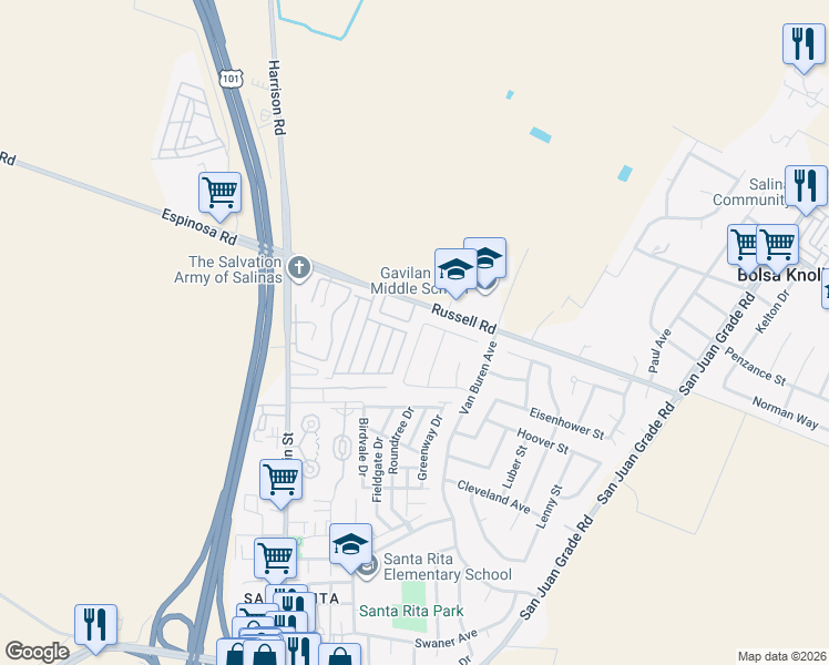 map of restaurants, bars, coffee shops, grocery stores, and more near 18487 Kennedy Street in Salinas