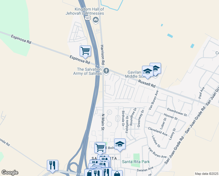 map of restaurants, bars, coffee shops, grocery stores, and more near 2398 North Main Street in Salinas