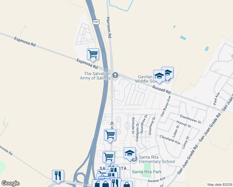 map of restaurants, bars, coffee shops, grocery stores, and more near 2398 North Main Street in Salinas
