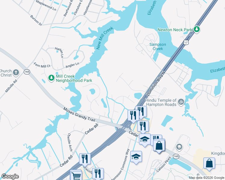 map of restaurants, bars, coffee shops, grocery stores, and more near 1705 Bluecastle Way in Chesapeake